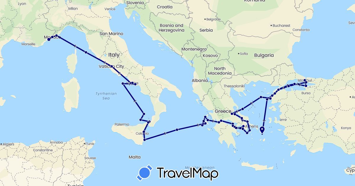 TravelMap itinerary: driving in France, Greece, Italy, Monaco, Turkey (Asia, Europe)